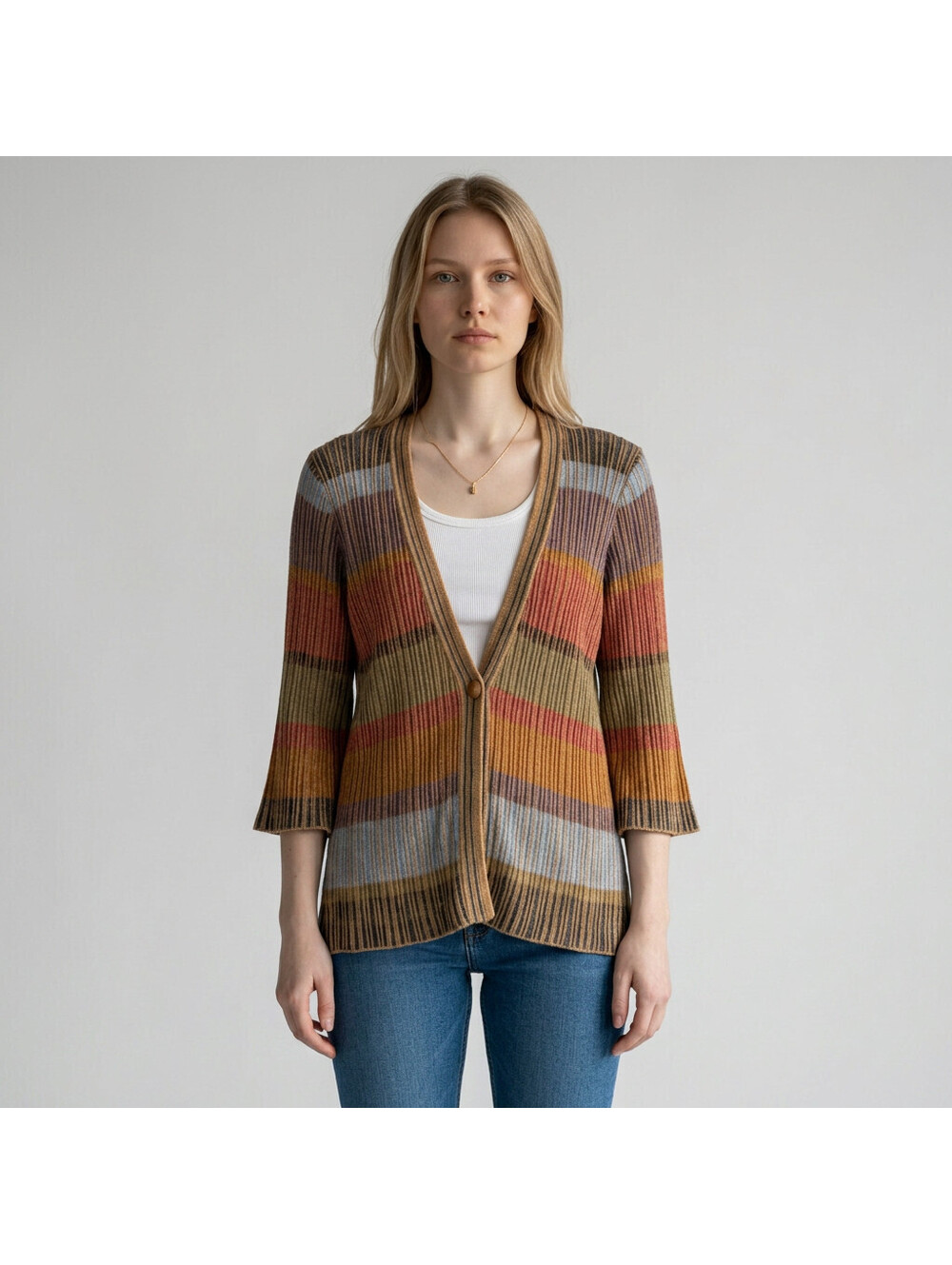 Coldwater Creek Top Women S Small Brown Striped Button Up V-Neck 3/4 Sleeve